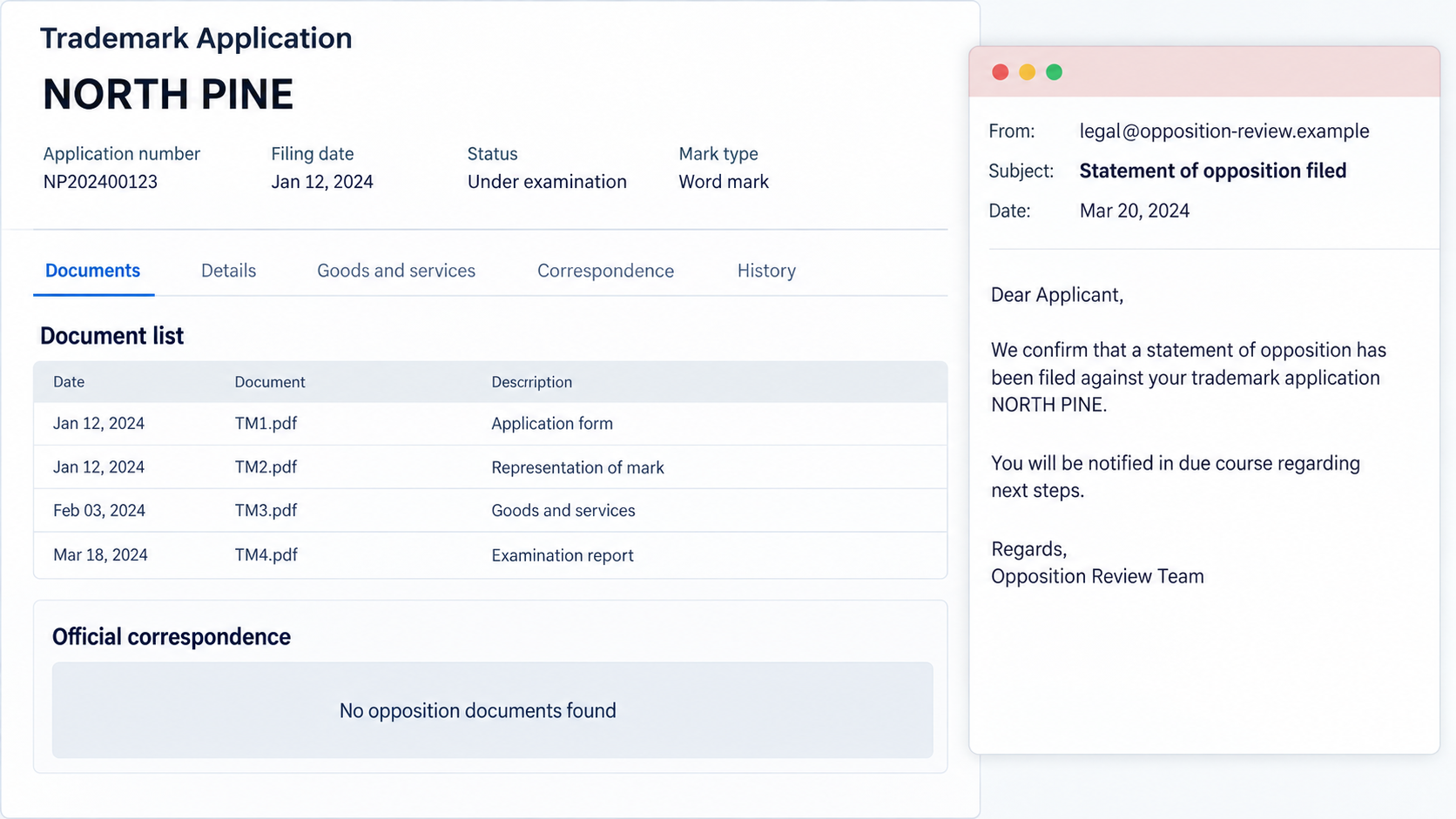 Illustrative trademark record comparison with no opposition document listed