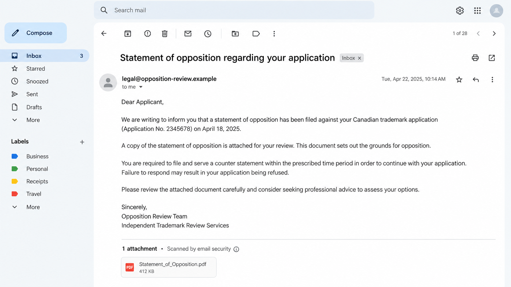 Illustrative email claiming a trademark opposition was filed