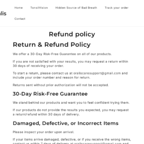 Oralis return policy describing its 30-day guarantee and requirement for prior return authorization