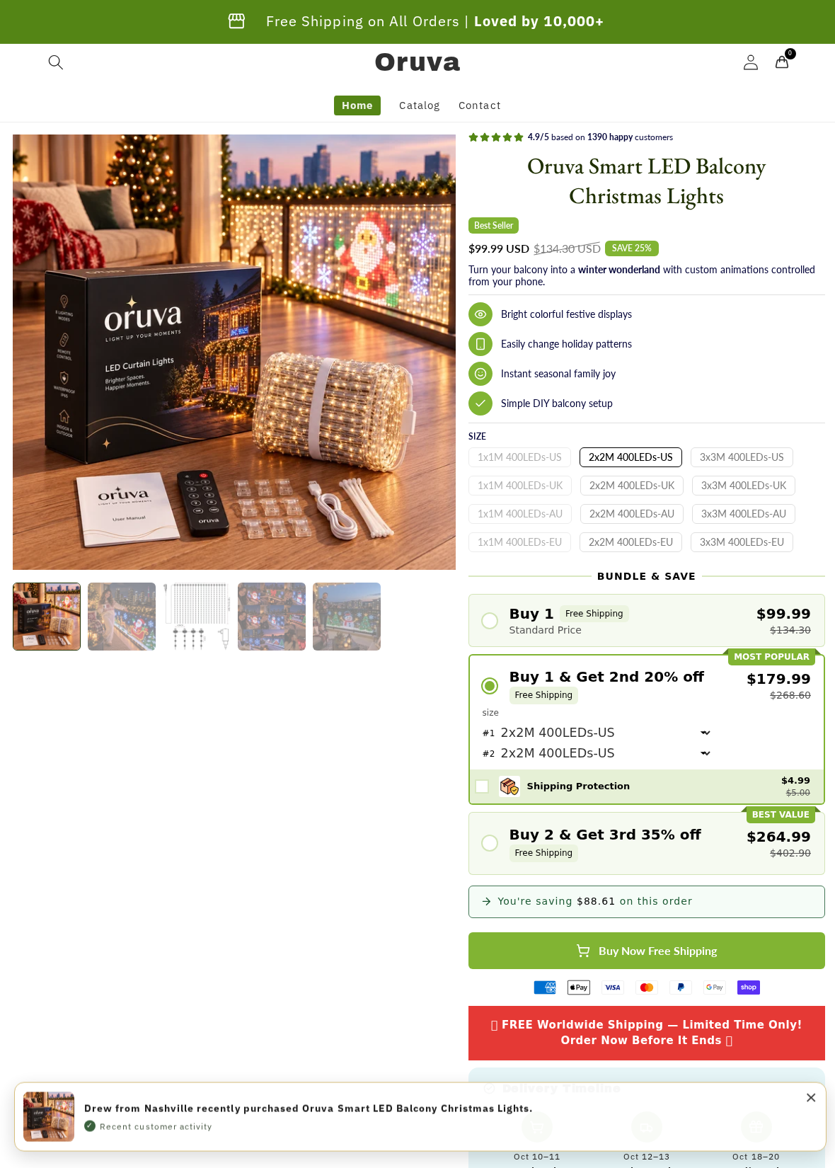 Oruva Smart LED Balcony Christmas Lights offer with two units selected at $179.99 and an optional protection charge