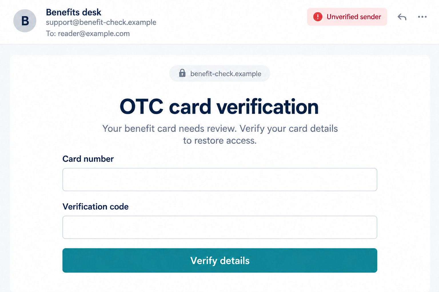 Illustrative OTC benefit-card phishing interface with empty verification fields and a nonfunctional example address