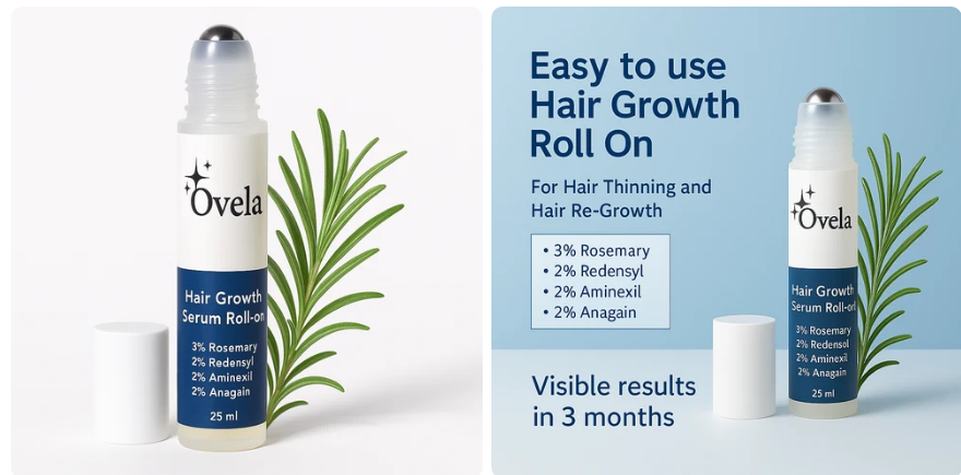 Ovela Hair Growth Serum roll-on bottles and the seller's ingredient-percentage and three-month-results artwork
