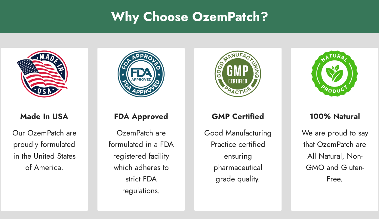 OzemPatch promotion displaying FDA Approved badge while its text describes only an FDA-registered facility
