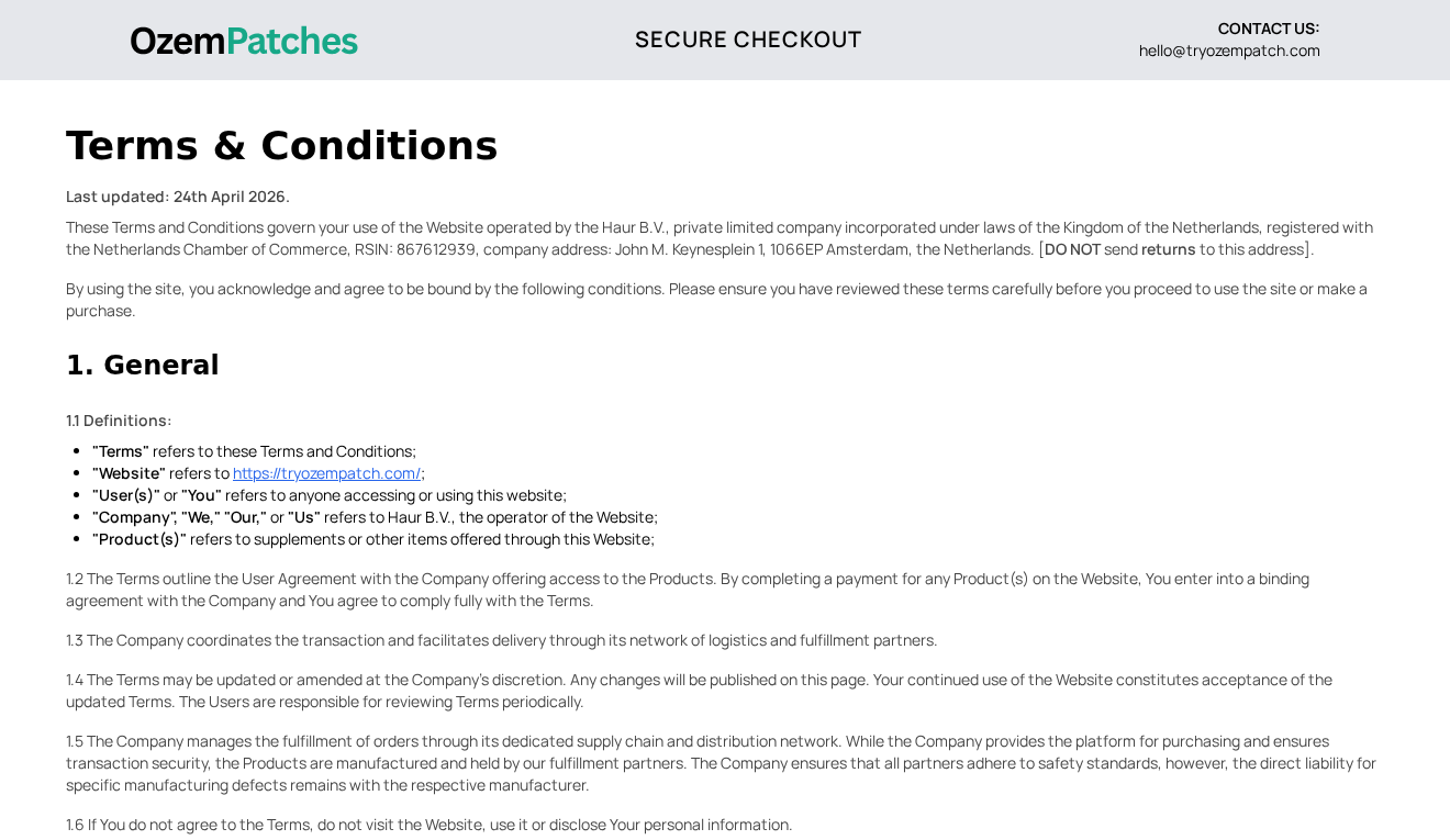 OzemPatches US terms naming Haur B.V. and warning not to send returns to the Amsterdam company address