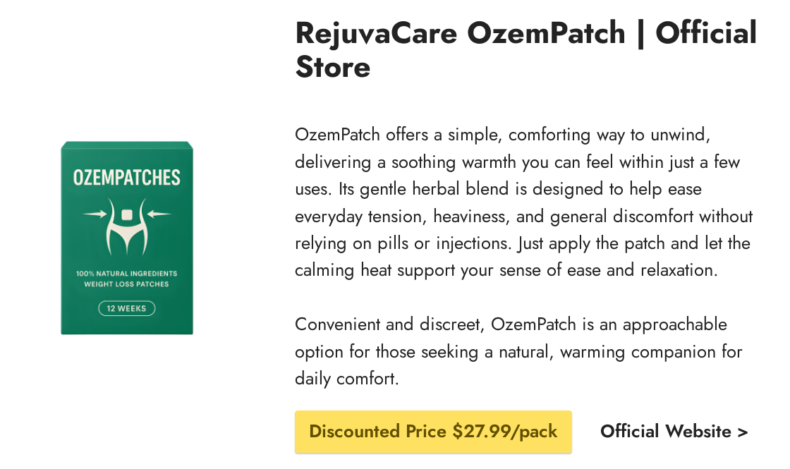 RejuvaCare OzemPatch promotional page showing the green weight-loss patch package and current product description
