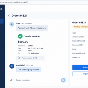Illustrative P2P order chat showing a hypothetical payment receipt and pressure to release cryptocurrency