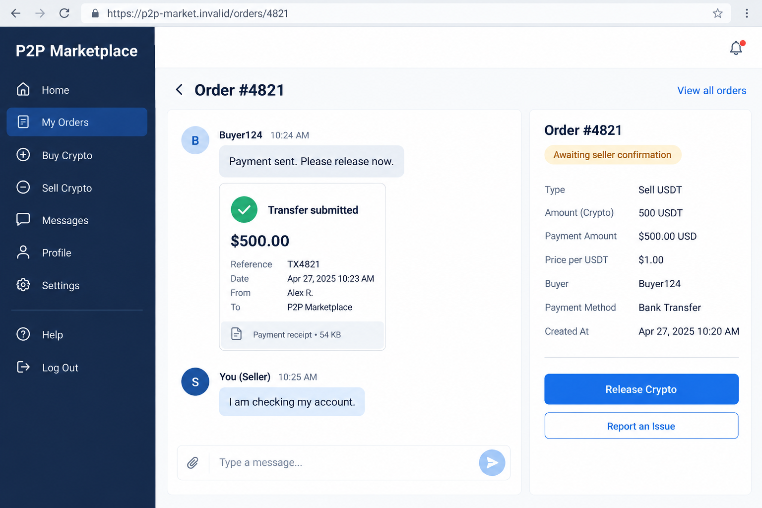 Illustrative P2P order chat showing a hypothetical payment receipt and pressure to release cryptocurrency