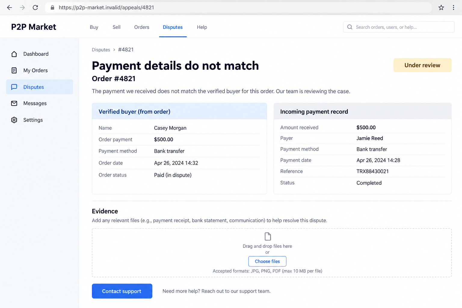 Illustrative P2P dispute screen showing a hypothetical order and an incoming payment from a different named payer
