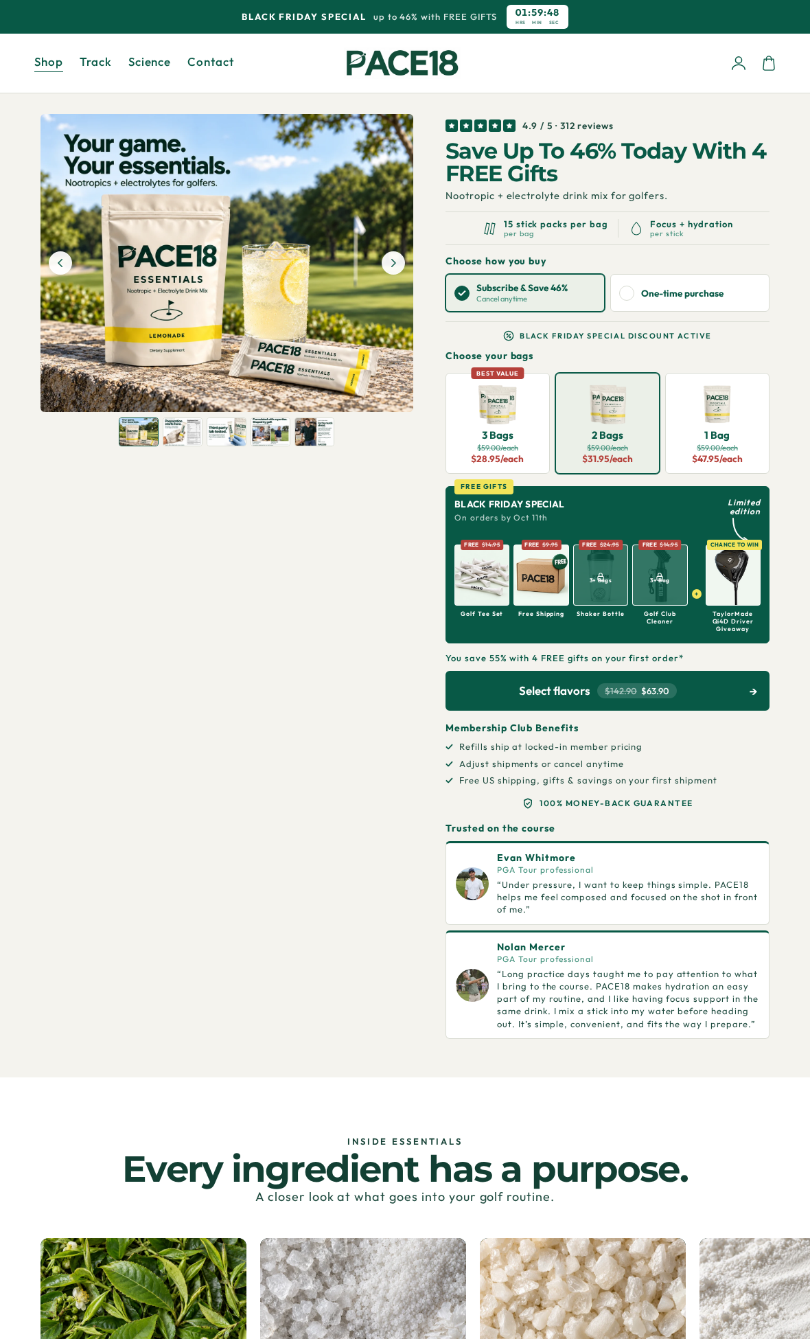 Pace18 Review: Selected Refills, Video-Proof Refunds and Brand Confusion 1 Pace18 Essentials offer with a selected subscription, two-bag package, gifts, and a $63.90 total
