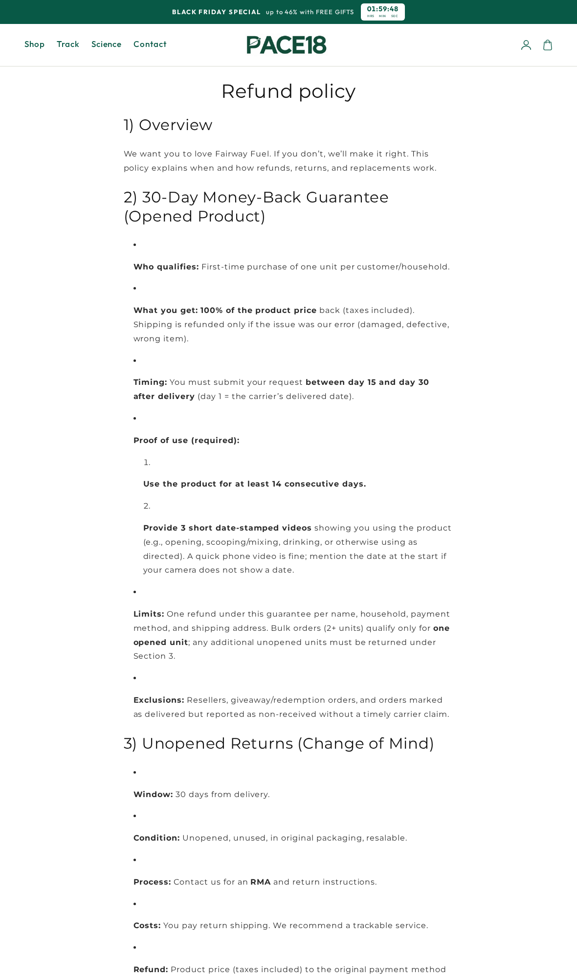 Pace18 Review: Selected Refills, Video-Proof Refunds and Brand Confusion 2 Pace18 refund policy using Fairway Fuel branding and requiring 14 days of use plus three dated videos