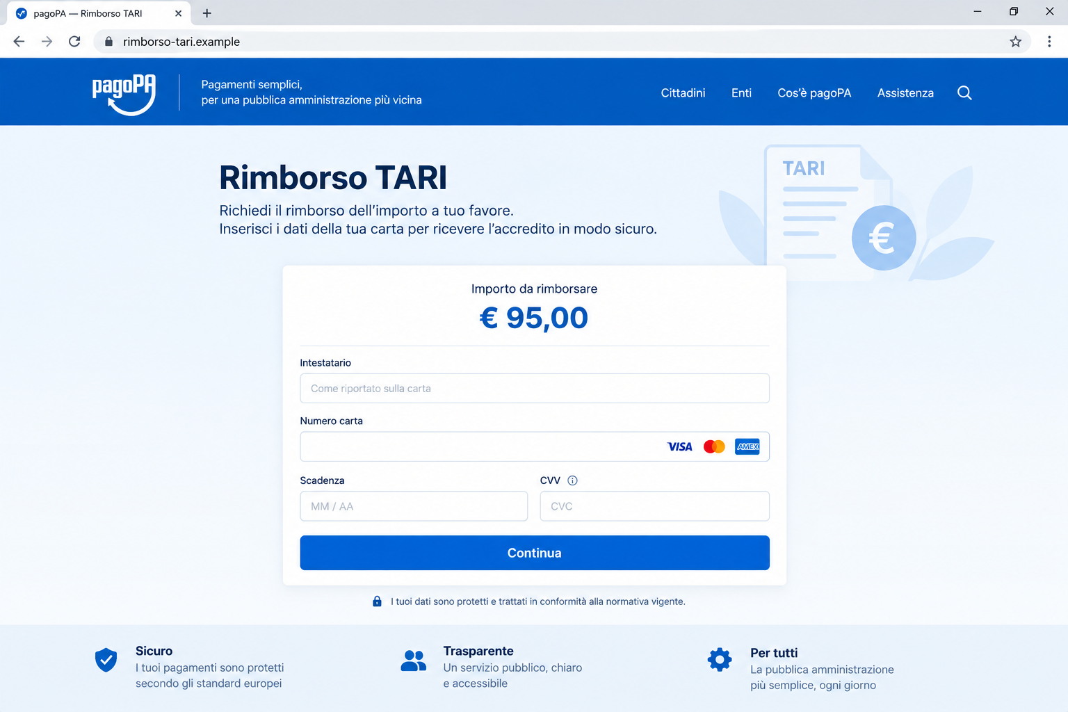 Illustration of a fake PagoPA TARI refund page showing €95 and empty payment card fields