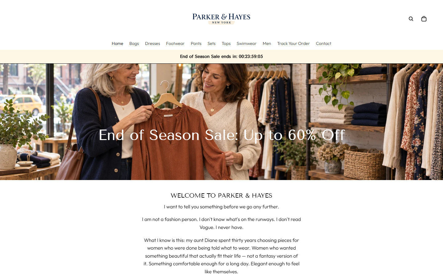Parker and Hayes New York homepage showing end-of-season sale and boutique story
