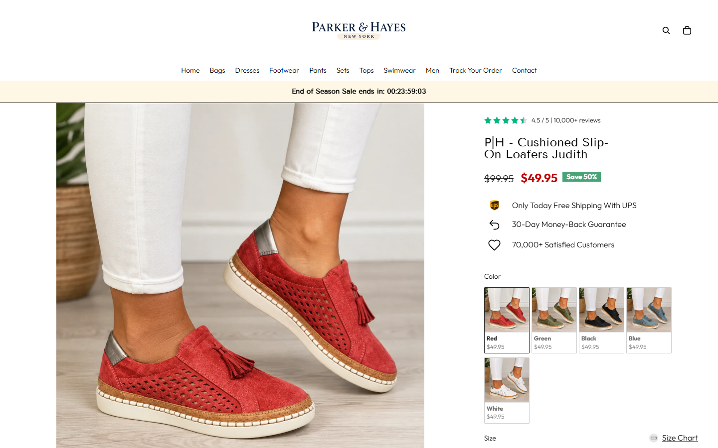 Parker and Hayes product page showing large review counts, discounted loafers, and sale urgency