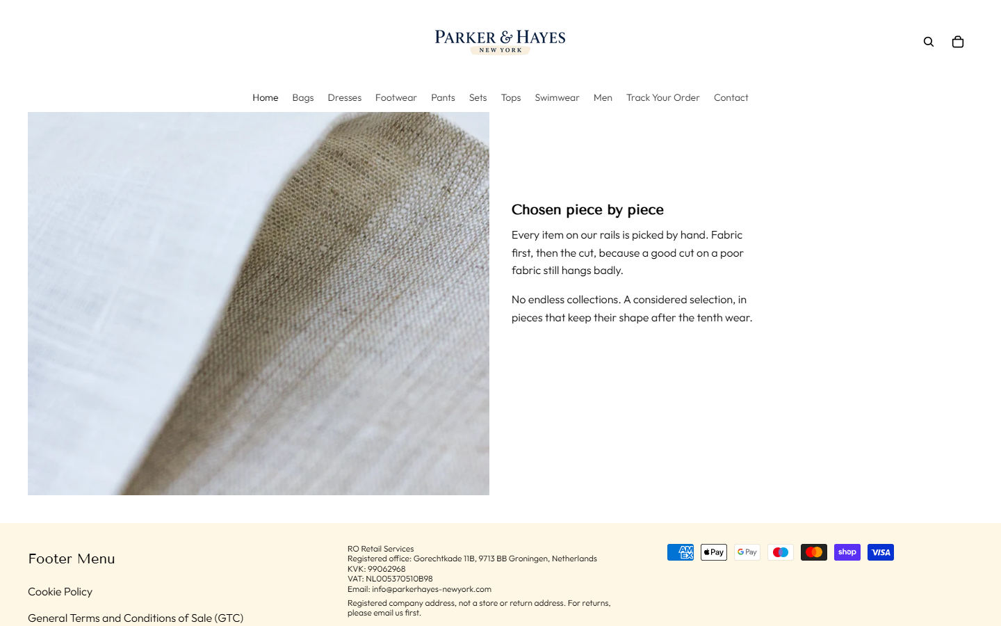 Parker and Hayes New York footer identifying Dutch operator RO Retail Services and saying registered office is not a return address