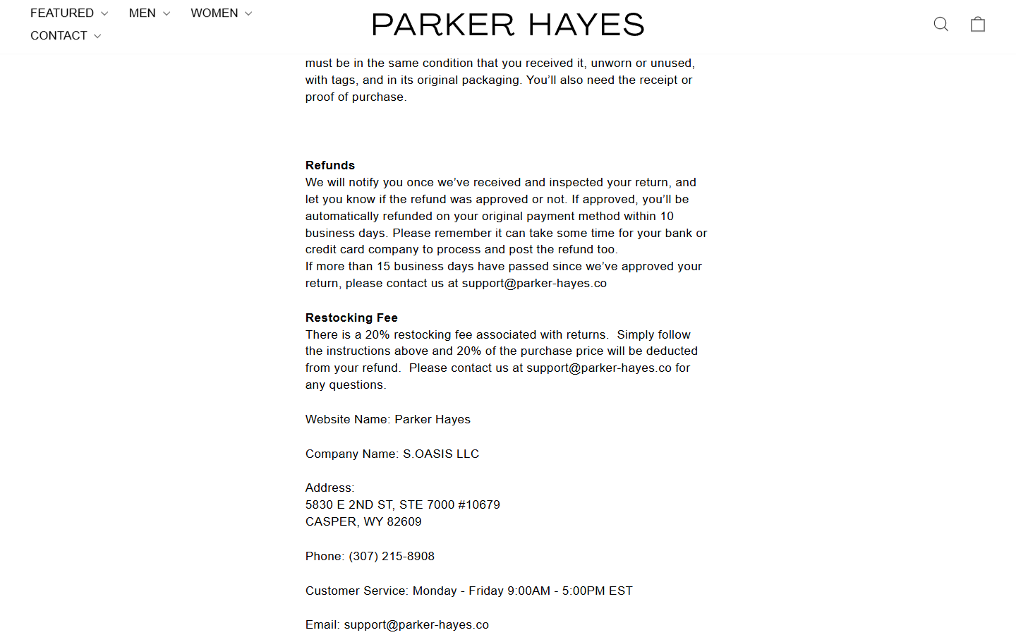 Parker Hayes refund policy displaying buyer-paid return shipping and a 20% restocking fee