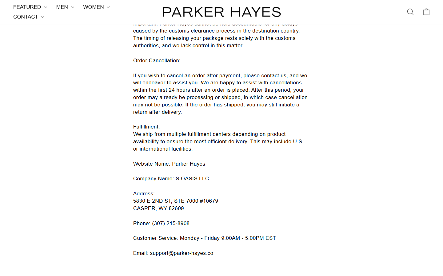 Parker Hayes shipping policy describing processing times and international fulfillment centers