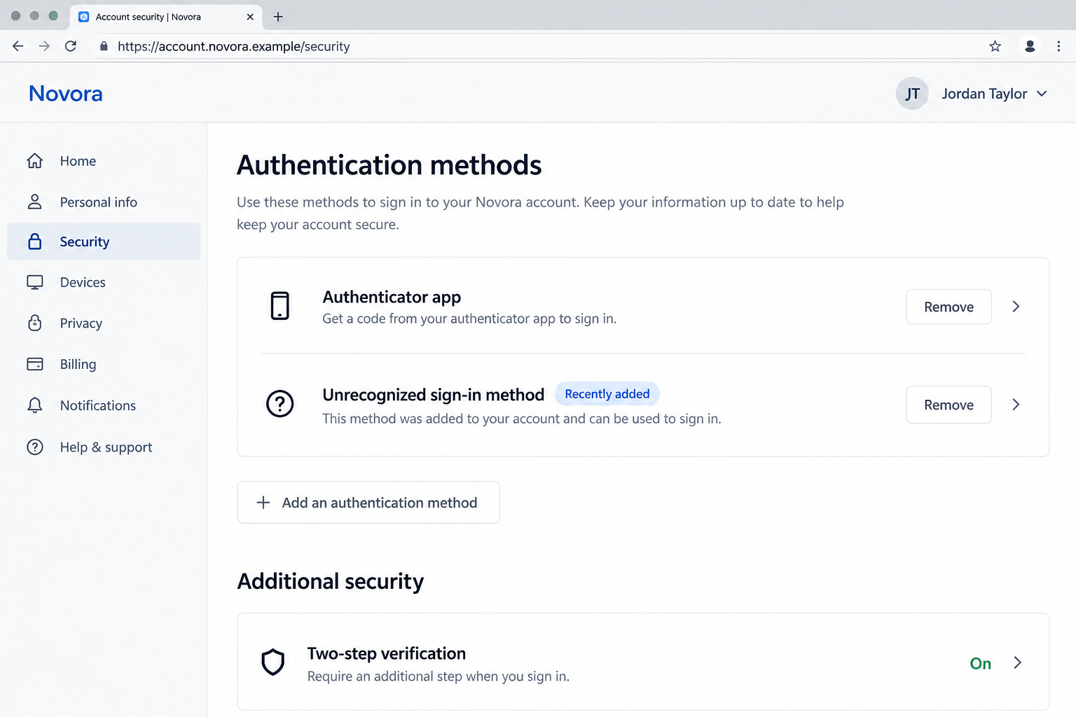 Passkey Update Scam Exposed: Fake IT Calls That Hijack Microsoft 365 Data 2 Illustrative account security page with an unfamiliar authentication method