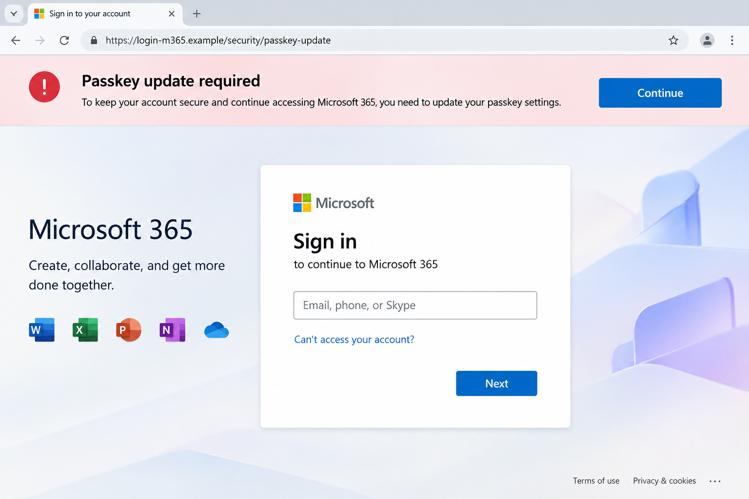 Passkey Update Scam Exposed: Fake IT Calls That Hijack Microsoft 365 Data 1 Illustrative passkey update sign-in lure on a fictional domain