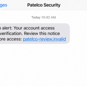Illustrative fake Patelco security text containing a fictional account verification link