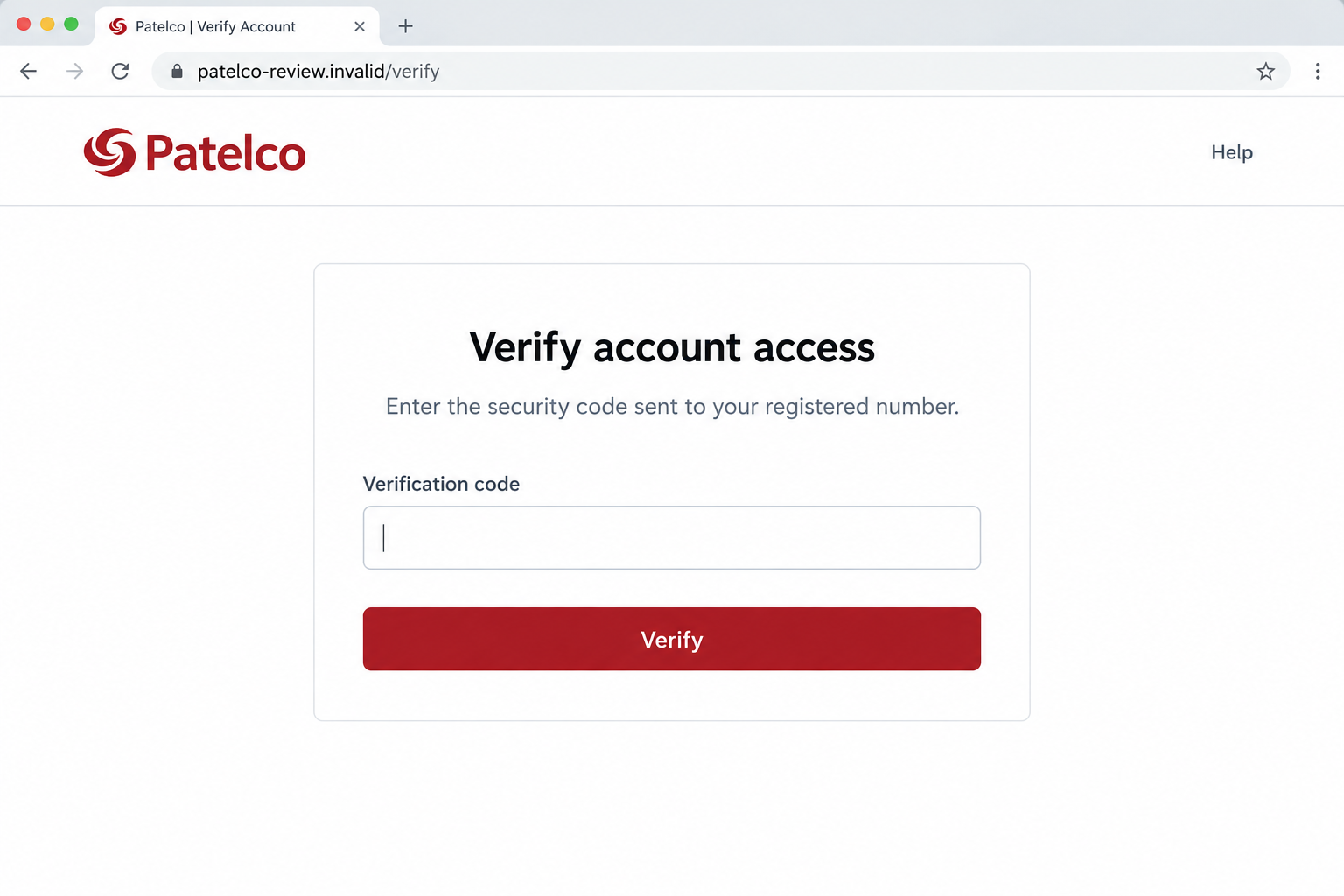 Patelco Scam Text: How Fake Fraud Alerts Can Put Your Bank Account at Risk 2 Illustrative Patelco lookalike verification screen requesting a security code on a fictional domain