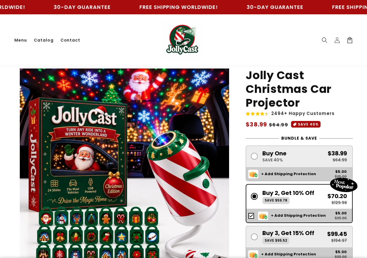 PawClaus Jolly Cast Christmas Car Projector sales page showing its price and bundle selection