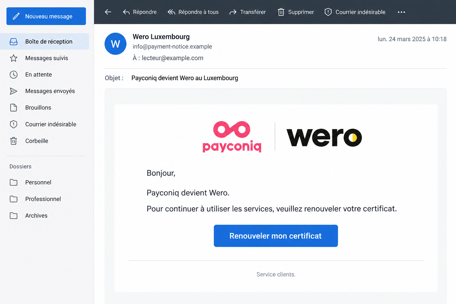 Illustrative Payconiq to Wero certificate renewal email with fictional addresses and a blue renewal button