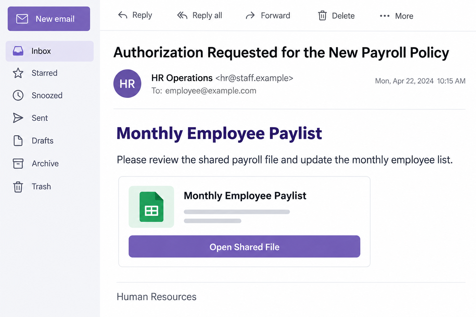 Monthly Employee Paylist Email Scam: A Fake Payroll File Steals Your Login 1 Illustrative Monthly Employee Paylist email with fictional HR contacts and a shared-file button