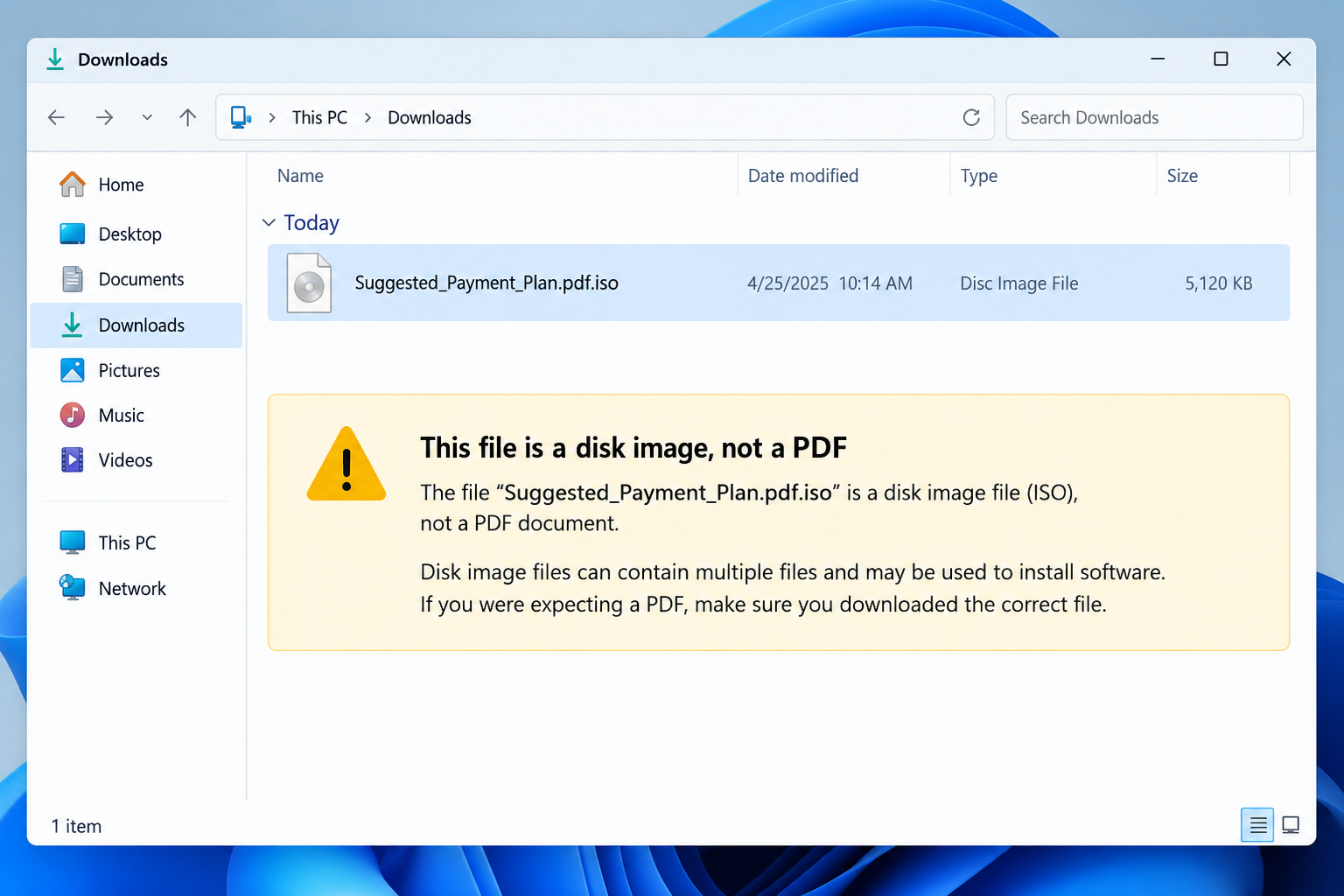 Illustrative reconstruction showing that a PDF-named ISO is a disk image, not a genuine payment-plan document