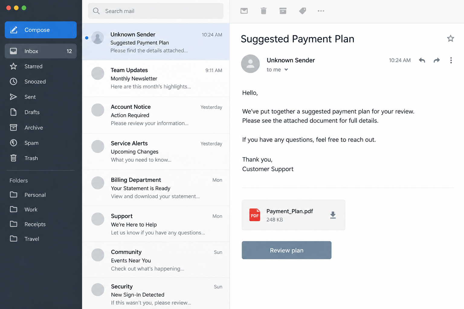 Illustrative reconstruction of a suggested payment plan email, not a screenshot of the investigated message