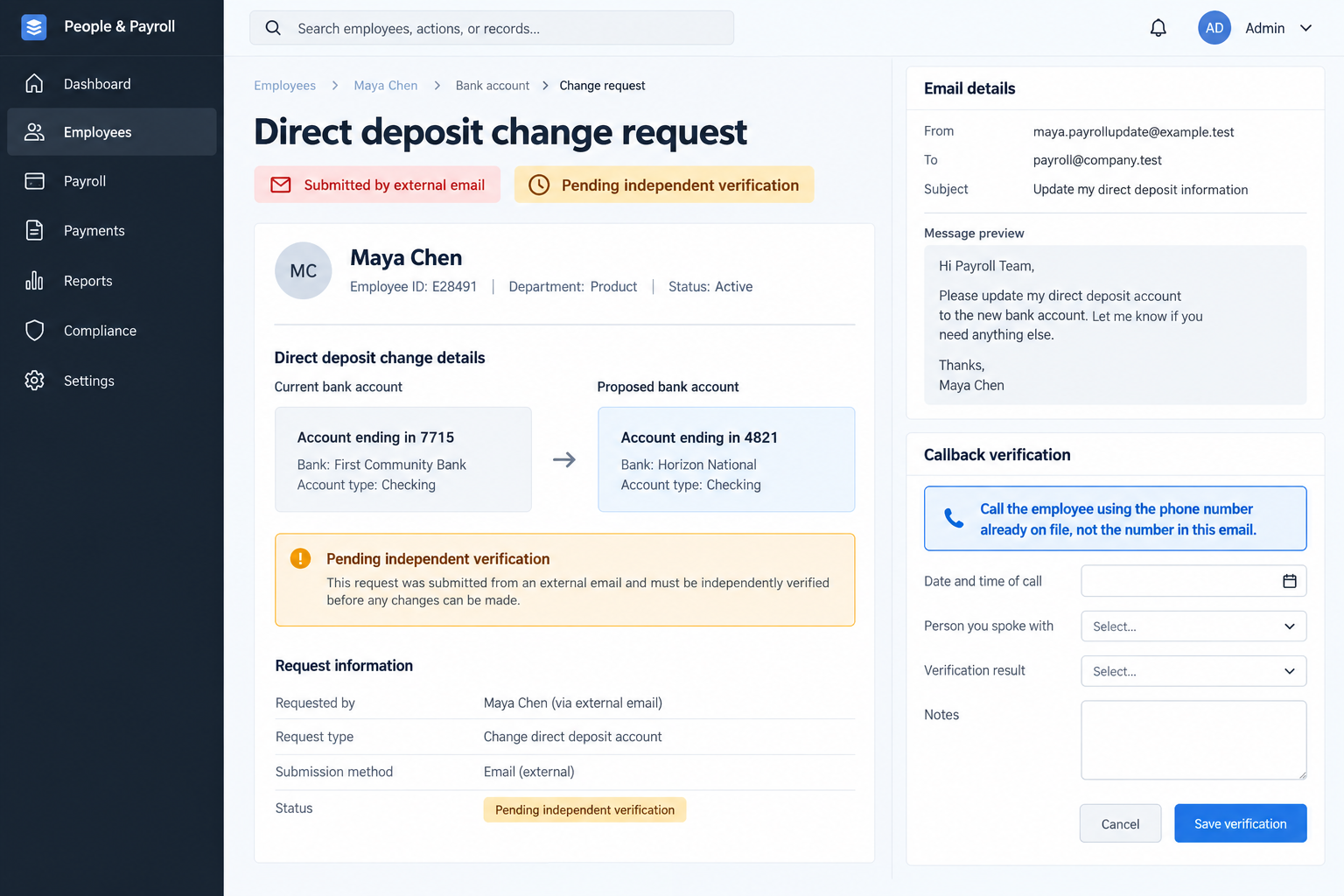 Fake Employee Email Can Redirect Your Next Paycheck to a Stranger's Bank 2 Illustrative fictional payroll dashboard holding a direct-deposit change for independent employee verification