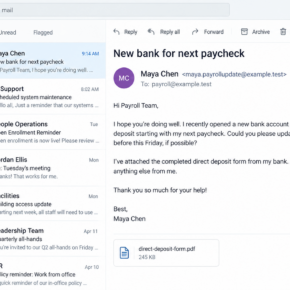 Illustrative fictional email impersonating an employee and requesting a direct-deposit change
