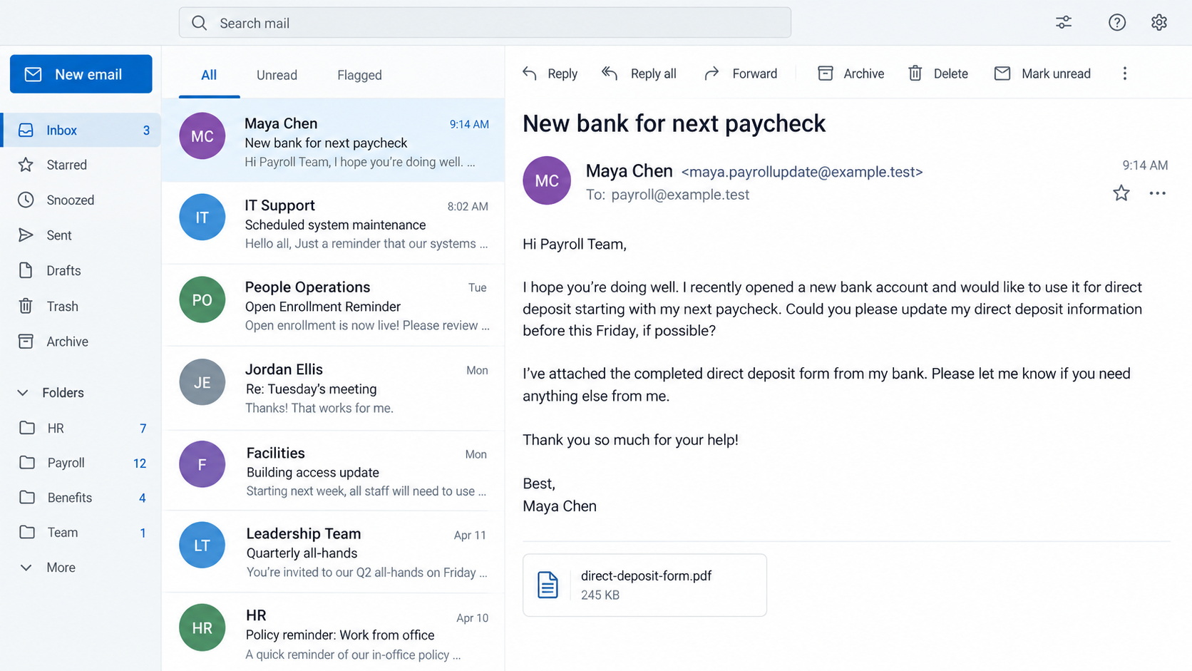 Fake Employee Email Can Redirect Your Next Paycheck to a Stranger's Bank 1 Illustrative fictional email impersonating an employee and requesting a direct-deposit change