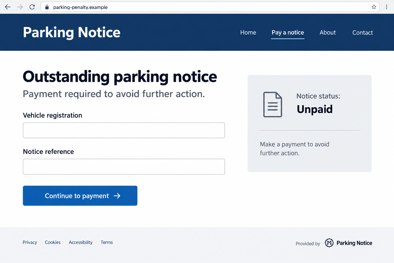 PCN Fine Notice Scam: Fake Parking Penalties That Put Your Card at Risk 1 Illustrative fake parking notice payment portal on a nonfunctional example domain