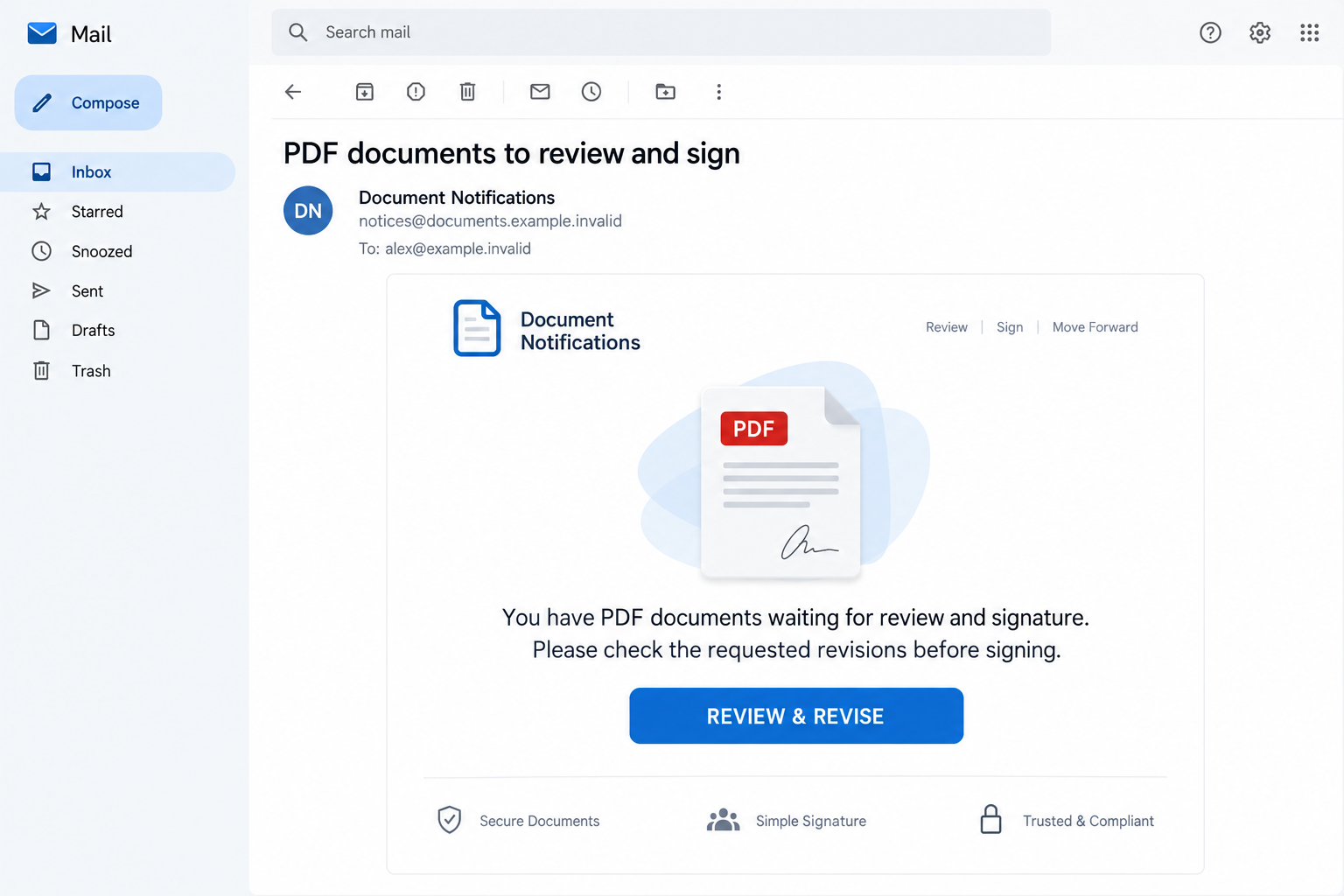 Illustrative PDF review and signature email with a Review and Revise button