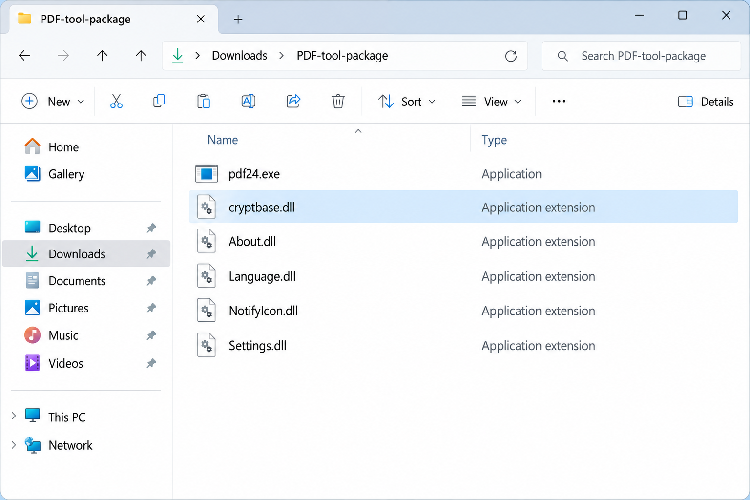 Illustrative Windows folder showing pdf24.exe beside cryptbase.dll and other libraries, without claiming a detection