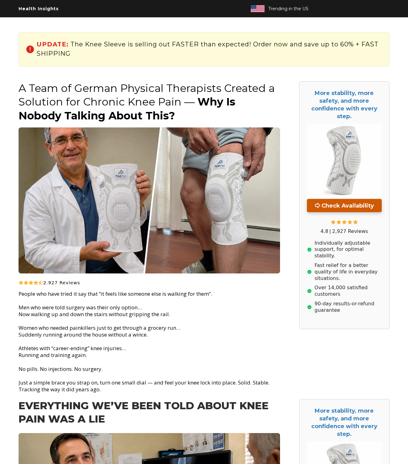 PeakFlex Knee Sleeve: Scam or Legit? The Pain Relief Claims Investigated 1 PeakFlex Health Insights advertorial presenting German therapist claims and a dial-adjusted knee sleeve