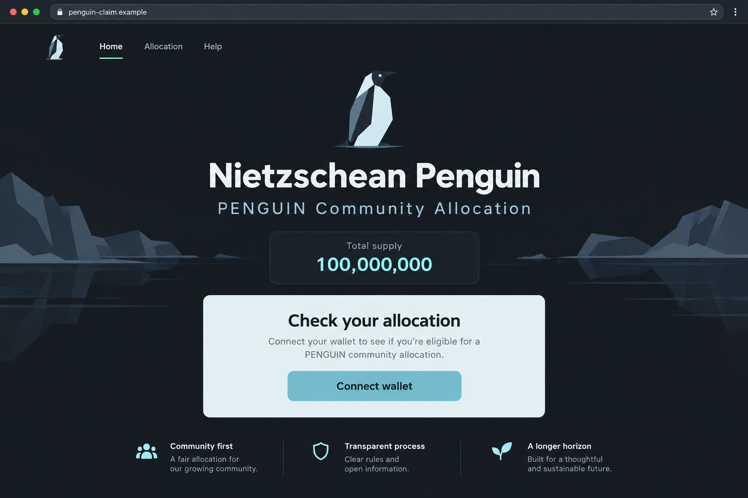 Nietzschean Penguin Airdrop Scam: Fake PENGUIN Claims and Wallet Risks 1 Illustrative Nietzschean Penguin community allocation page with a token-supply claim and a connect wallet button