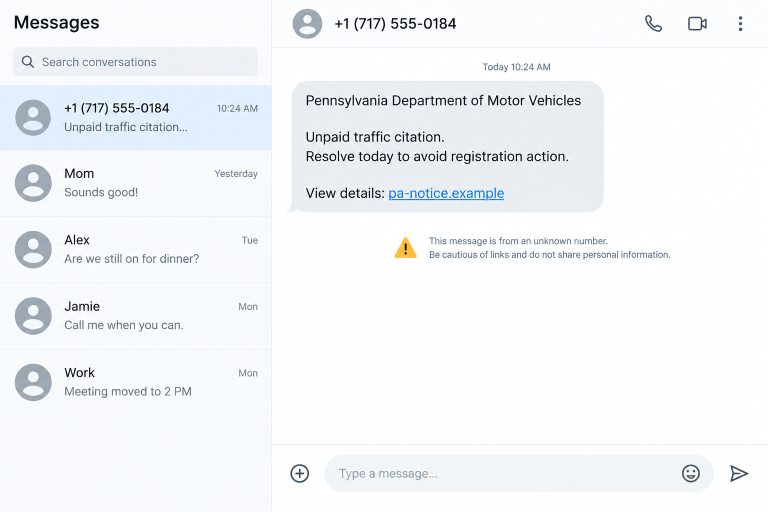 Fictional flat-screen Pennsylvania traffic citation text with an unrelated example link