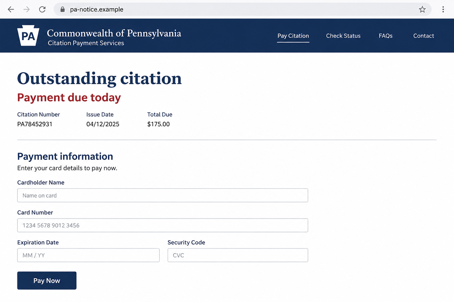 Fictional flat-screen Pennsylvania citation payment form on a nonfunctional example domain