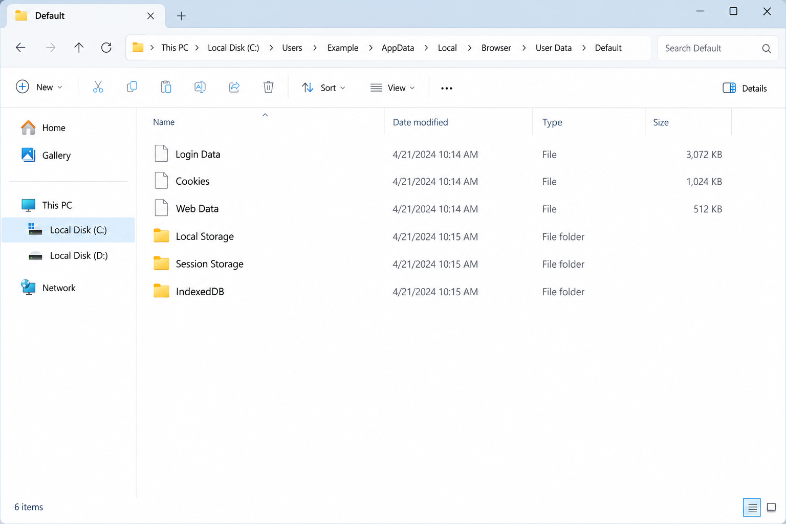 Illustrative browser profile folder containing Login Data, Cookies and other local account stores