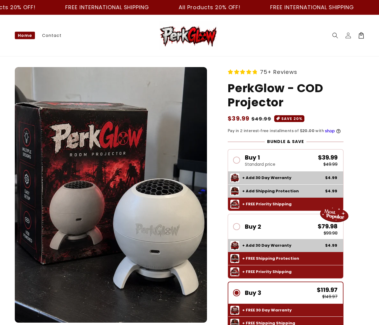 PerkGlow COD projector offer with one-, two- and three-unit bundles and paid warranty and shipping-protection extras