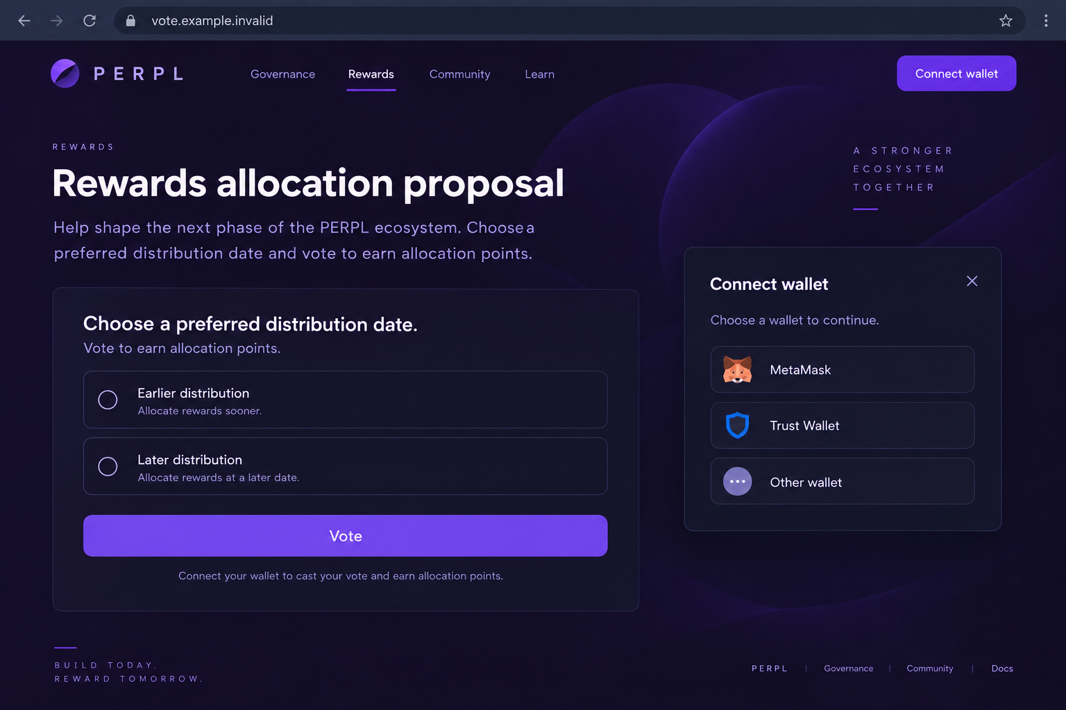 Illustrative PERPL rewards allocation vote page with a wallet connection panel and fictional address