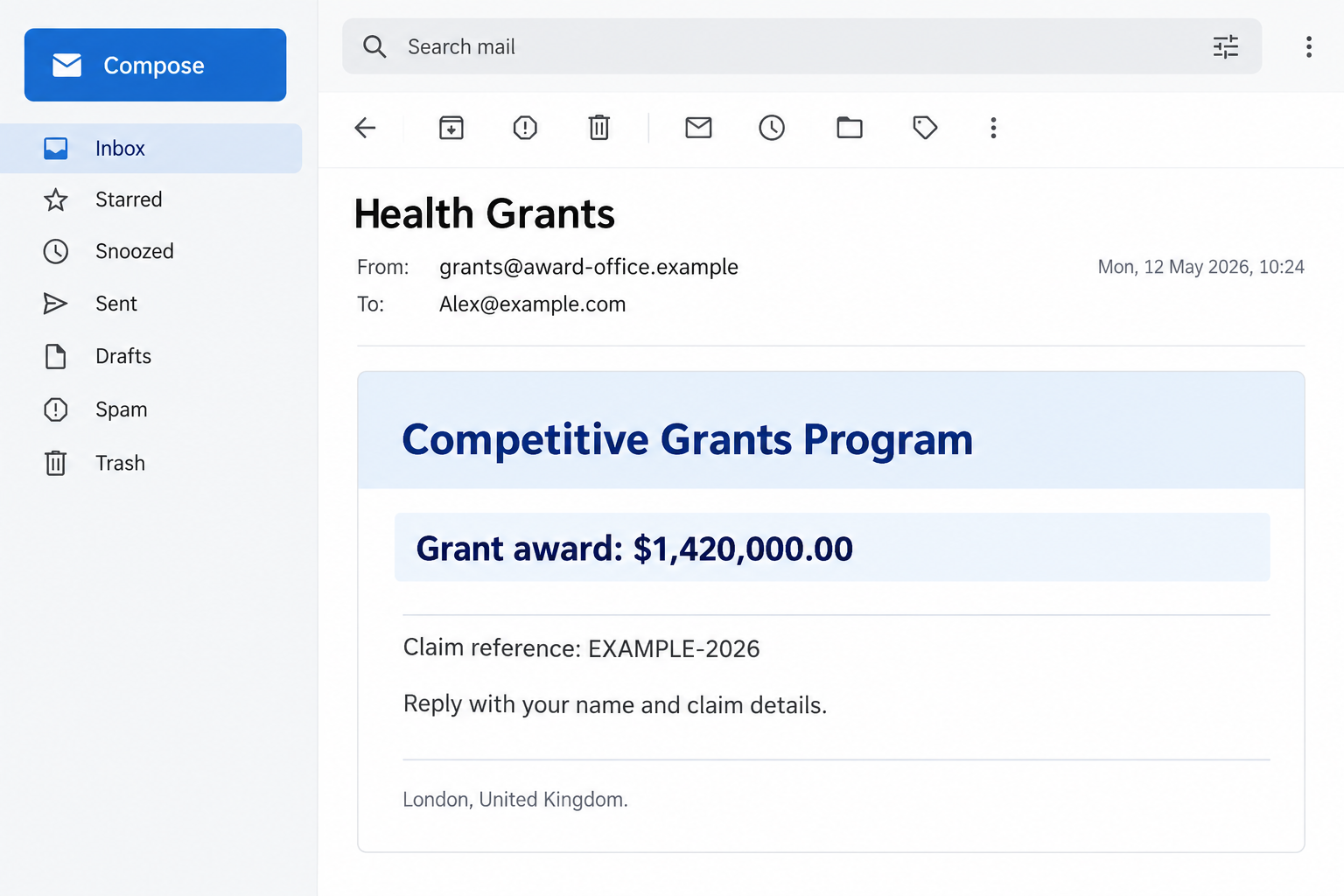 Pfizer Grant Email Scam Exposed: The Fake $1.42 Million Award Explained 1 Original illustrative grant-award email showing $1,420,000 and fictional claim details, not an authentic Pfizer message