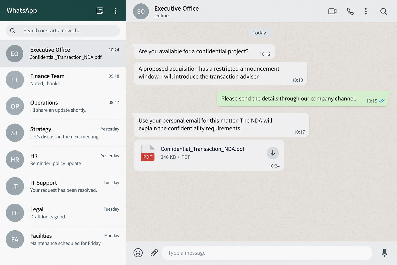 Fictional executive impersonation chat moving a confidential deal to personal email