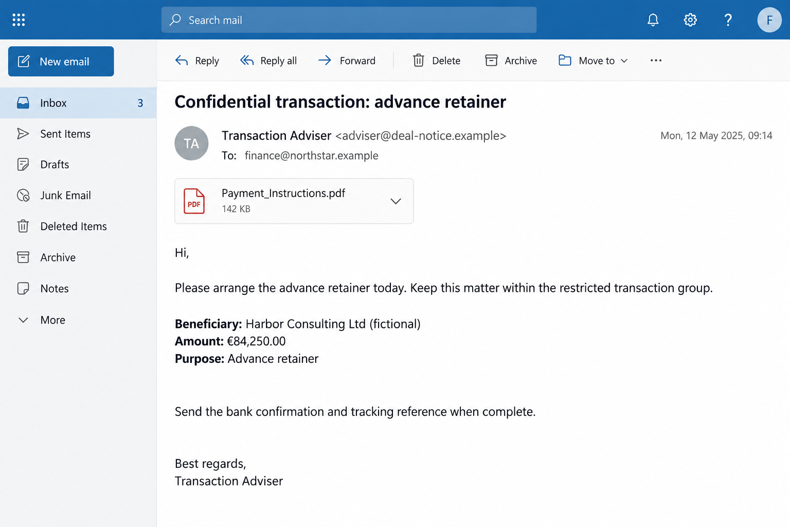 Fictional acquisition adviser email requesting an urgent advance retainer wire payment
