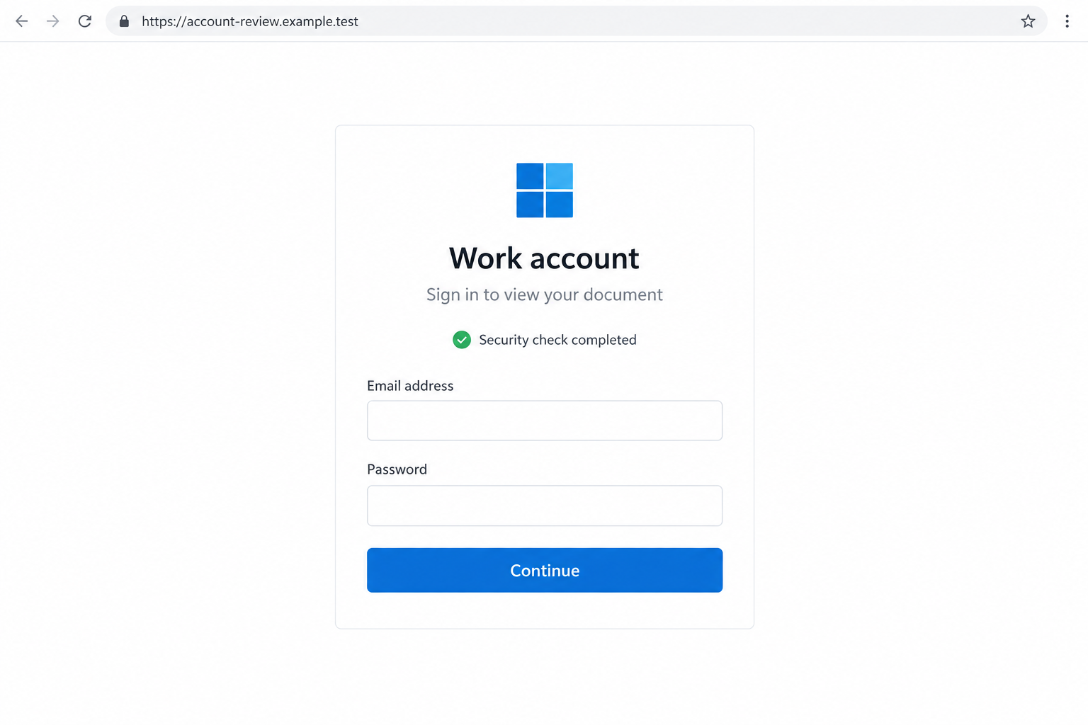 Phishing Cloaking Scam: Why a Clean Link Scan Can Still Put You at Risk 1 Illustrative work account phishing page on a non-functional example domain showing a security check message before a login form