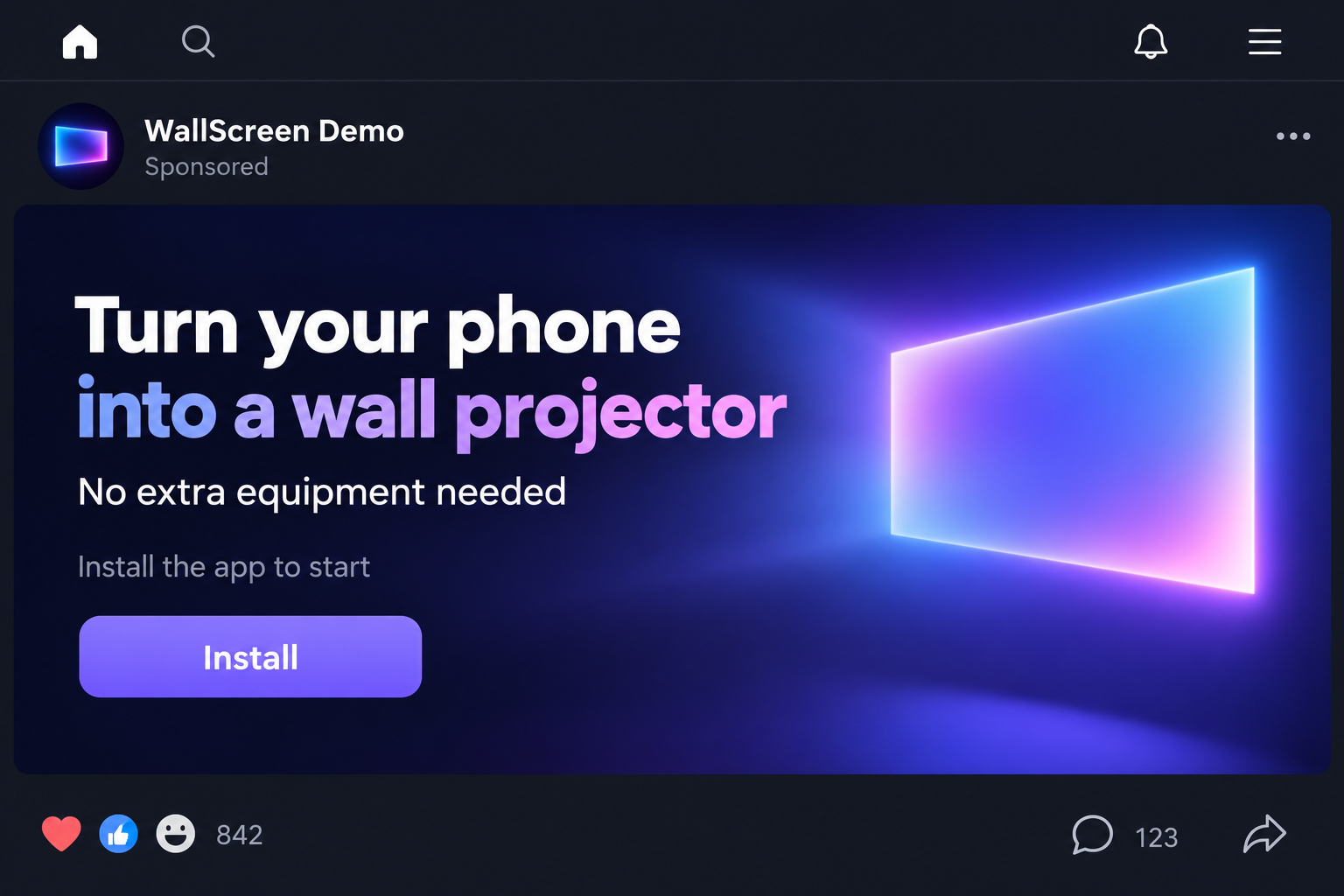 Illustrated social advertisement claiming a normal phone can become a wall projector without additional equipment
