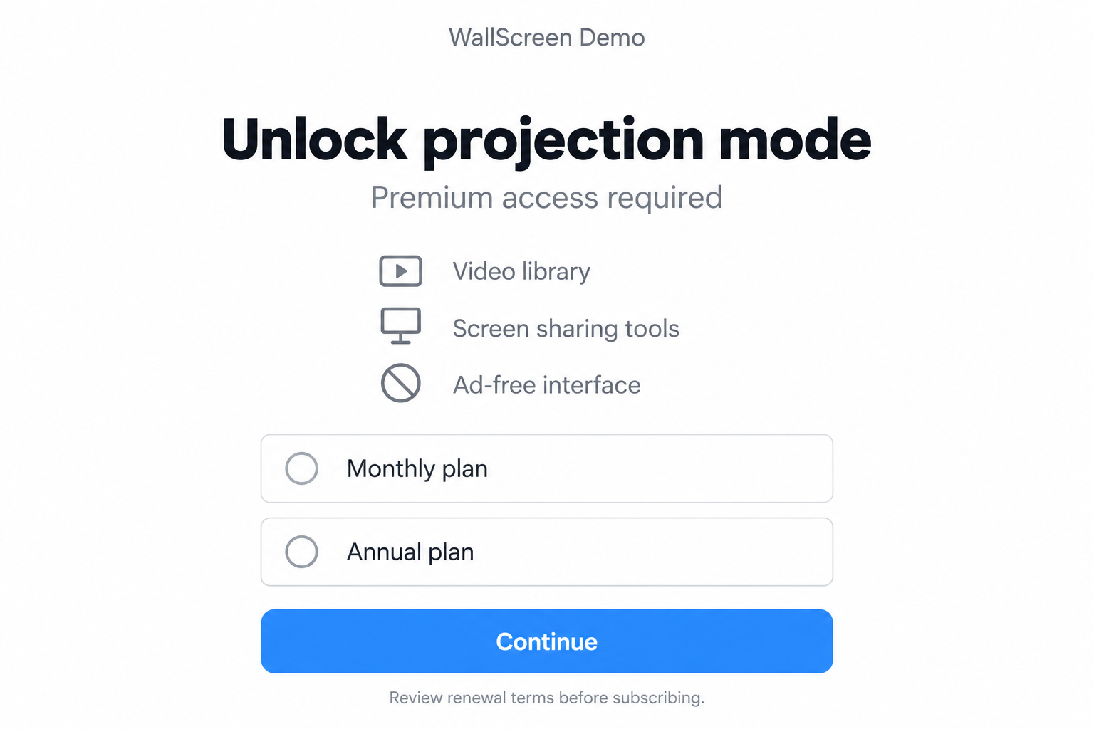 Illustrated fictional projector-app paywall with monthly and annual options and a reminder to review renewal terms