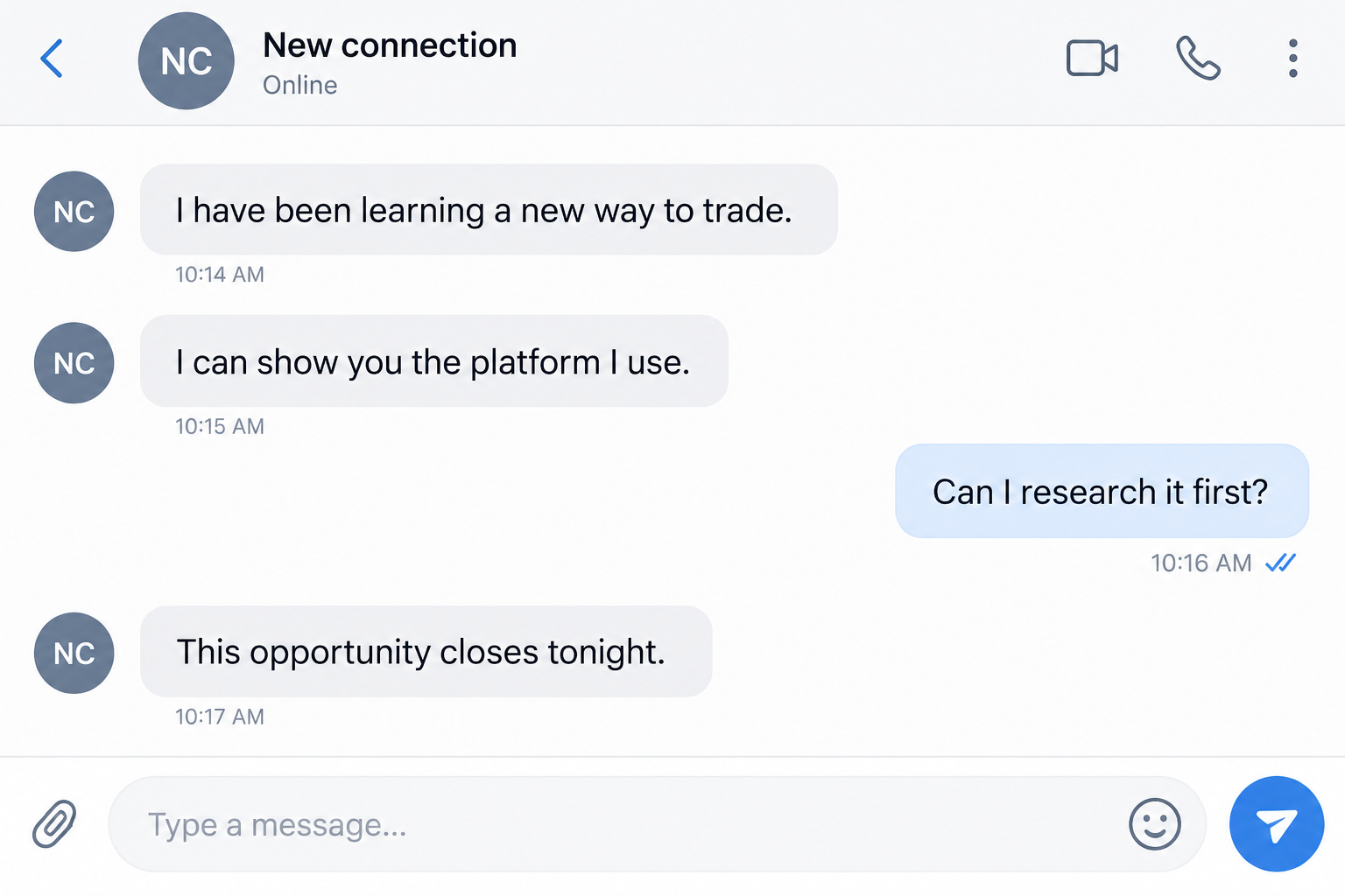 Illustrative reconstruction of a new online contact introducing an investment platform