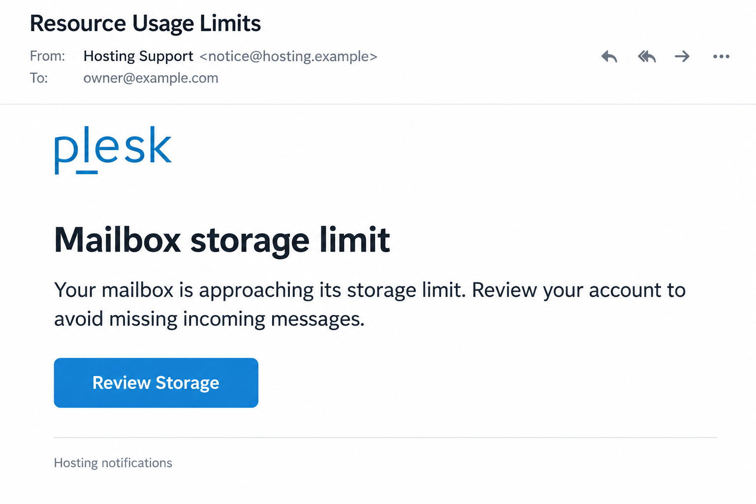 Illustrative Plesk-style resource warning email with fictional addresses and a storage review button